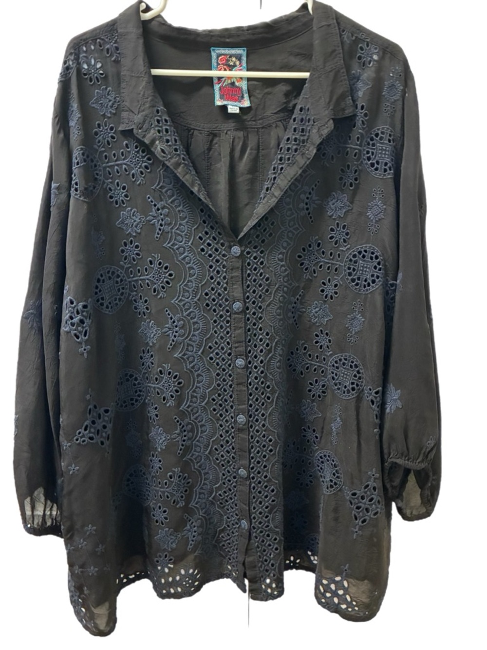 Johnny Was Black Embroidered Eyelet Button-Down Shirt